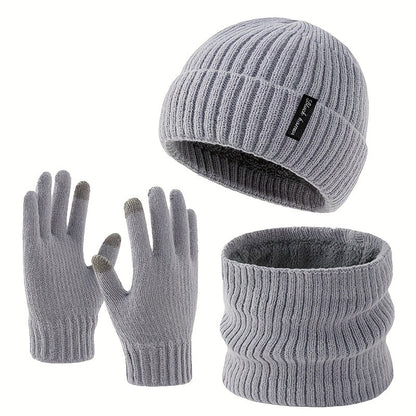 Winterset muts sjaal handschoenen ribbreisel fleecevoering, zwart