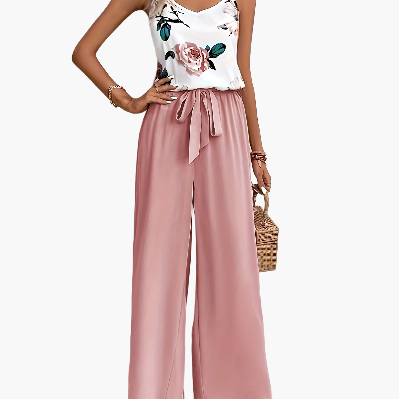 Mono elegante de mujer con estampado floral y pierna ancha – Perfecto para primavera y verano