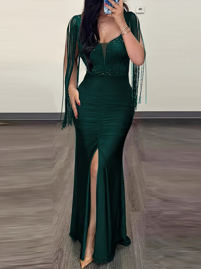 Vestido de noche elegante para mujer, ajustado, con flecos y abertura – Perfecto para ocasiones especiales