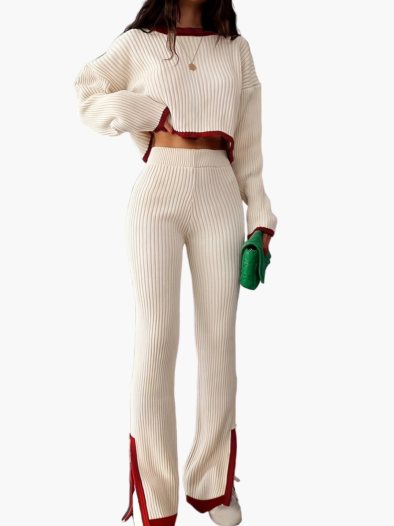 Dames elegante gebreide tweedelige set met wijde pijpen – Modieuze outfit voor herfst en winter