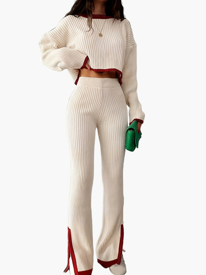 Dames elegante gebreide tweedelige set met wijde pijpen – Modieuze outfit voor herfst en winter