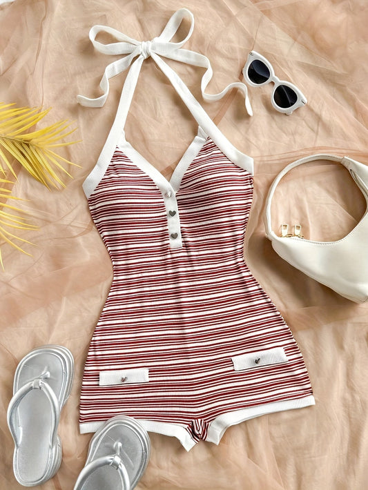 Dames jumpsuit met strepen en knopenrij – zomerse vrijetijdsoverall in elegante retrostijl