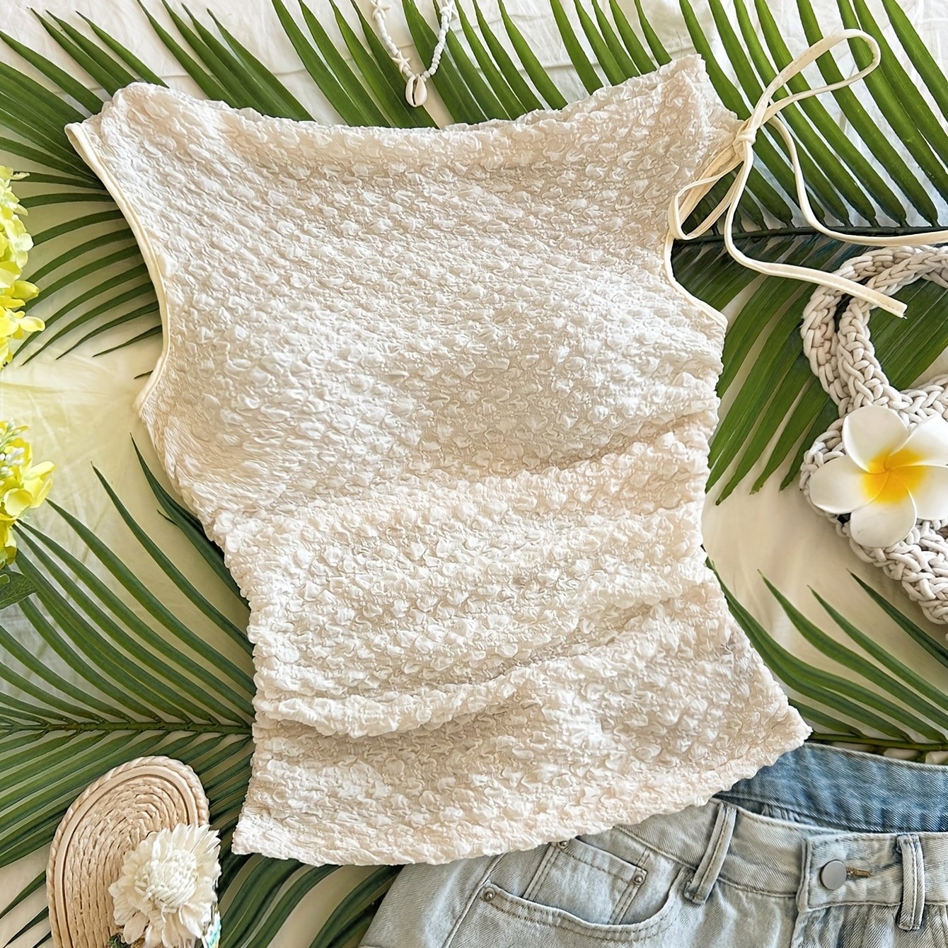 Dame sommerferie-topp med struktur, ermeløs, asymmetrisk snitt – Perfekt for strand og fritid