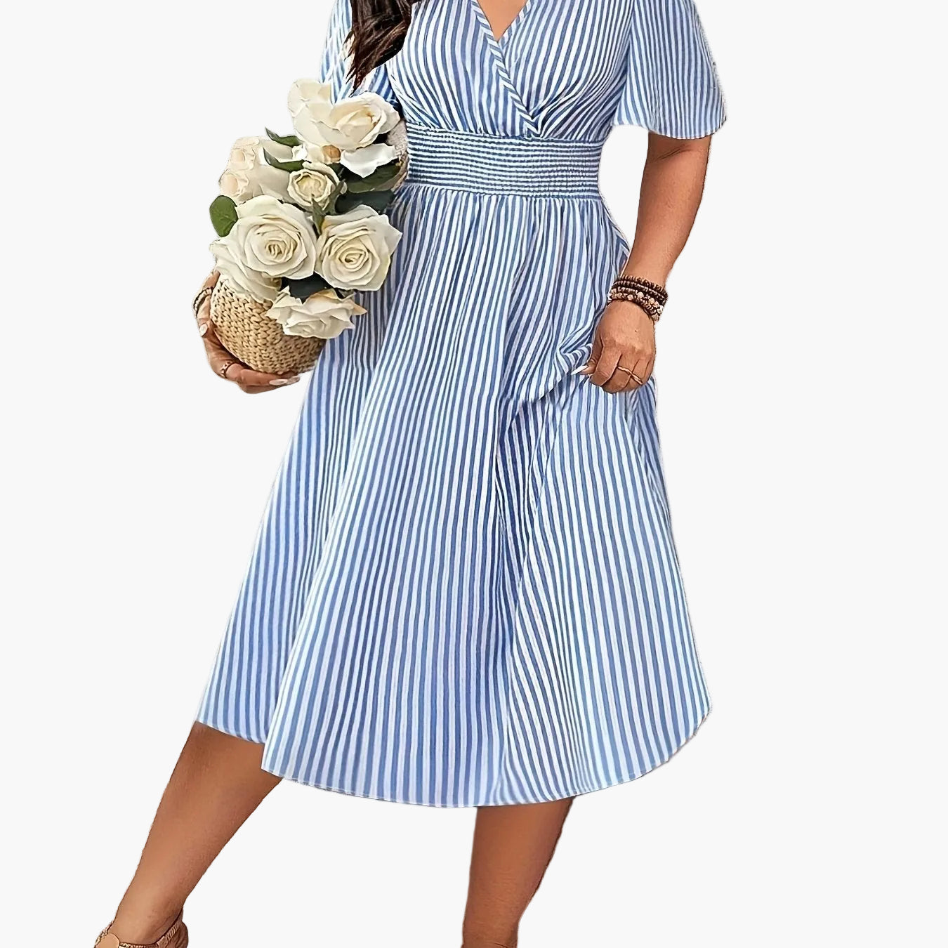 Robe midi élégante rayée pour femme avec décolleté en V et taille froncée – Parfaite pour le quotidien et les occasions spéciales