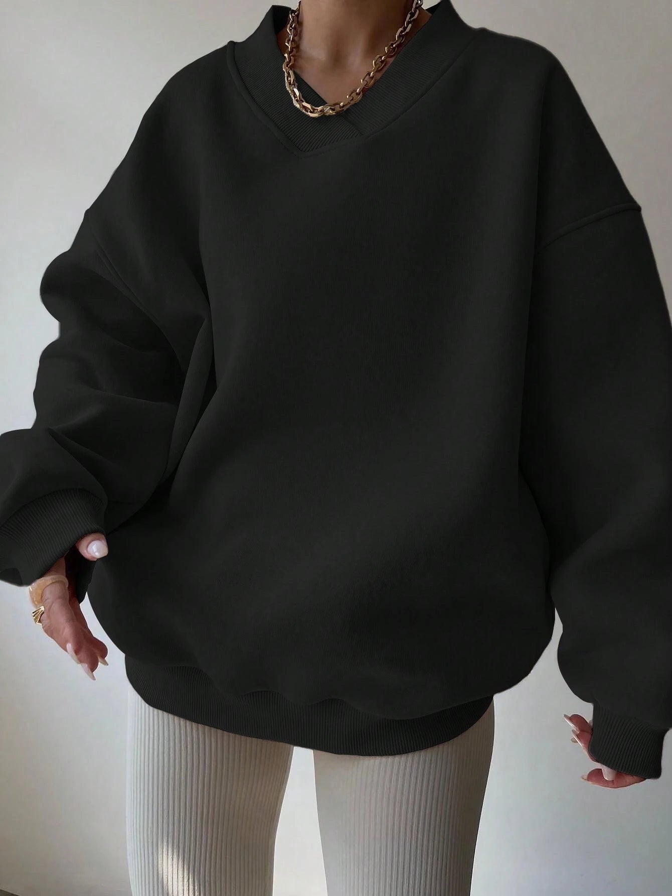 Schwarzer Oversized Pullover Damen V-Ausschnitt Freizeit