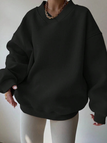 Schwarzer Oversized Pullover Damen V-Ausschnitt Freizeit
