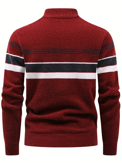 Herren Halb-Reißverschluss Strickpullover mit Streifenmuster, gerippt