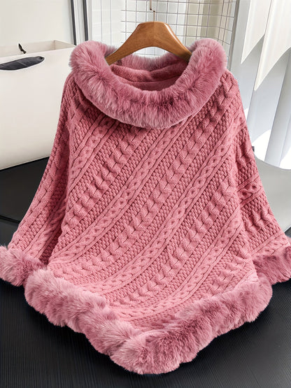 Strickponcho Damen mit Kunstfellbesatz Zopfmuster Kapuze