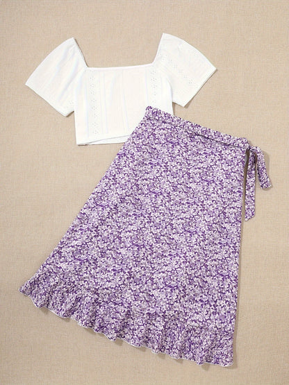 Conjunto de dos piezas para mujer – Look veraniego y coqueto con blusa y falda cruzada con estampado floral, ideal para tiempo libre y vacaciones
