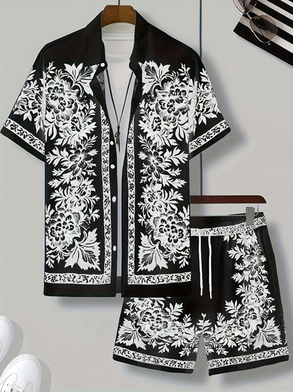 Ensemble d'été décontracté homme avec chemise à manches courtes et short, motif floral, vacances & plage