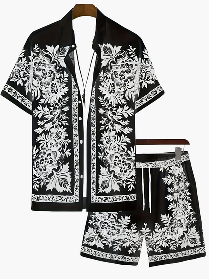 Ensemble d'été décontracté homme avec chemise à manches courtes et short, motif floral, vacances & plage