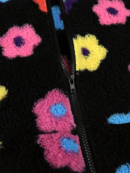 Damen Teddy-Fleece Kapuzenjacke mit bunten Blumen, Reißverschluss, Langarm