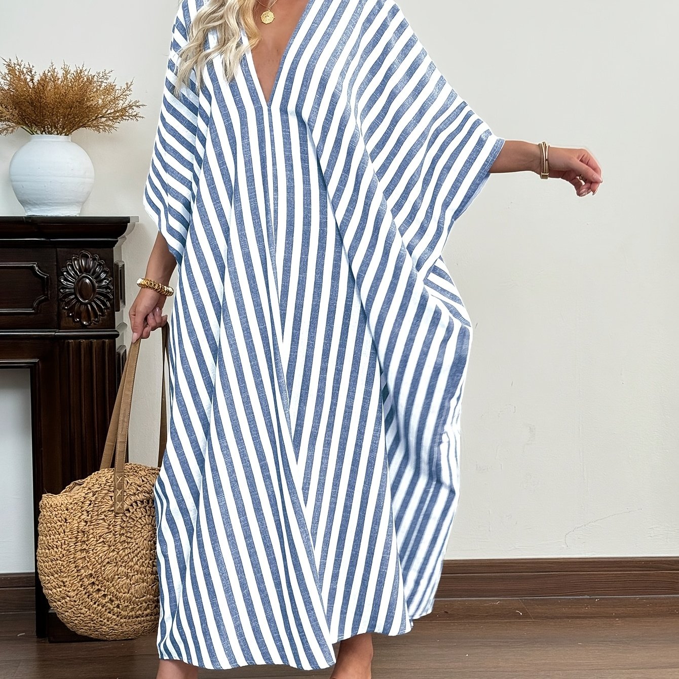 Dame kaftan maxikjole – stripete oversized sommerkjole i resortstil for strand og ferie