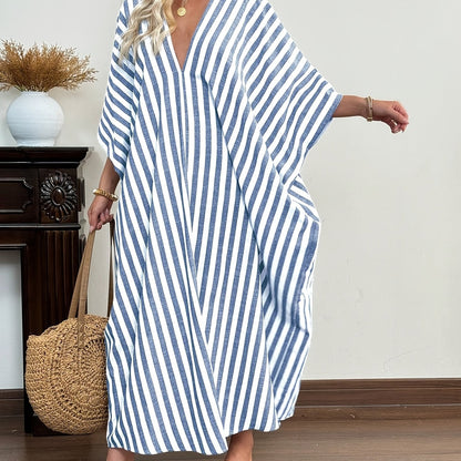 Dame kaftan maxikjole – stripete oversized sommerkjole i resortstil for strand og ferie