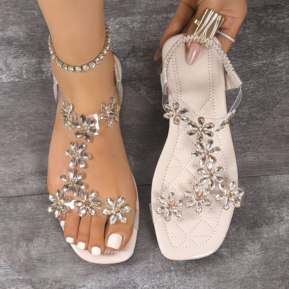 Sandali da donna – Sandali bassi a T con dettagli floreali in strass, eleganti per estate e tempo libero