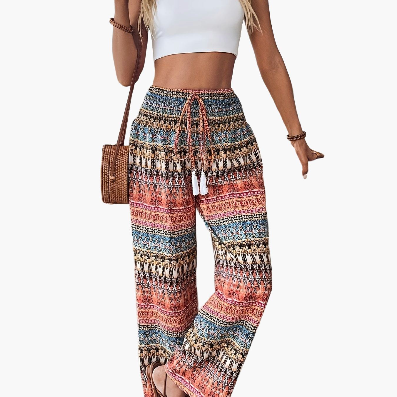 Damen Weite Boho-Hose mit geometrischem Muster für Urlaub und Freizeit