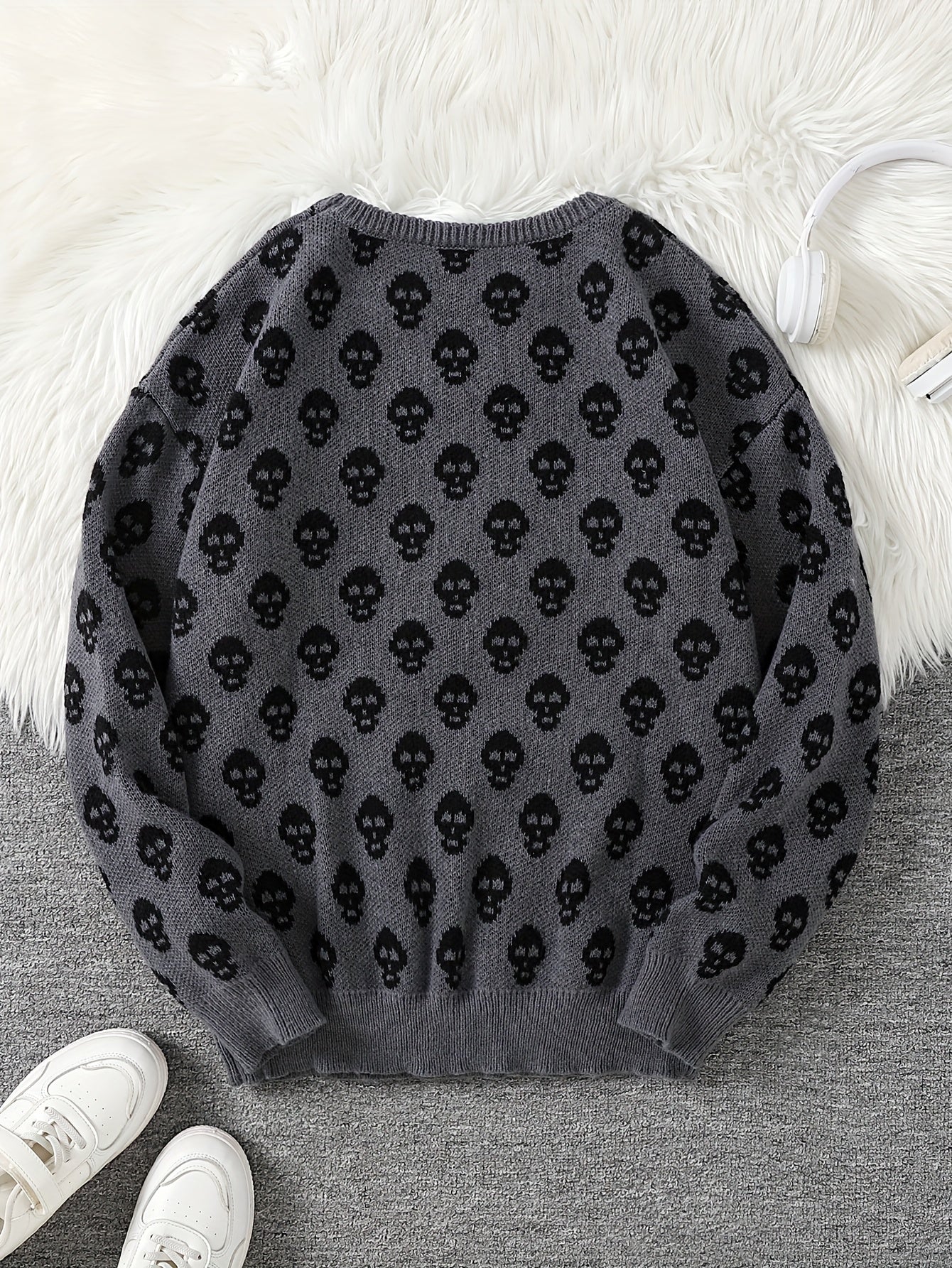 Jersey de punto unisex con cuello redondo, estampado de calavera y manga larga
