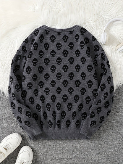 Jersey de punto unisex con cuello redondo, estampado de calavera y manga larga