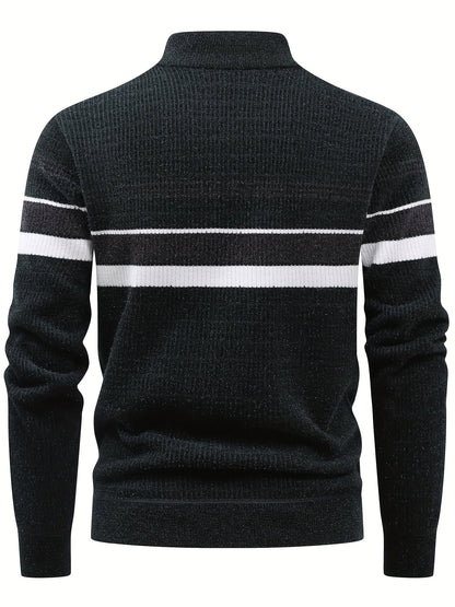 Herren Halb-Reißverschluss Strickpullover mit Streifenmuster, gerippt