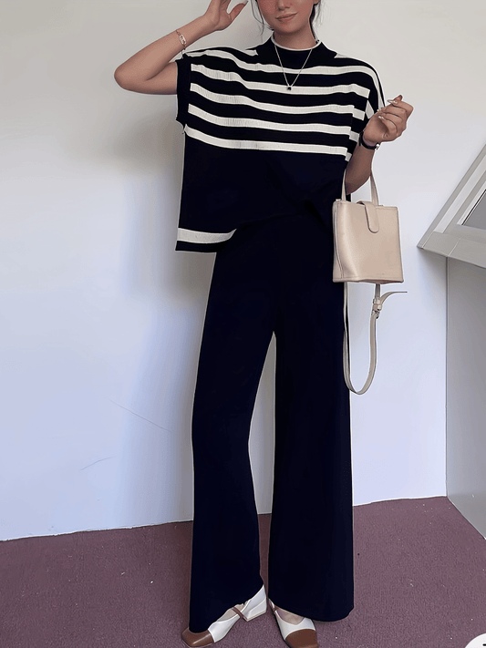 Conjunto elegante de rayas para mujer con pantalón de pierna ancha y top de manga corta – Look casual y moderno para primavera y verano