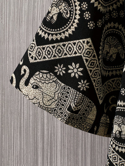 Chemise de villégiature pour homme avec imprimé éléphants et mandalas, manches courtes, chemise décontractée moderne