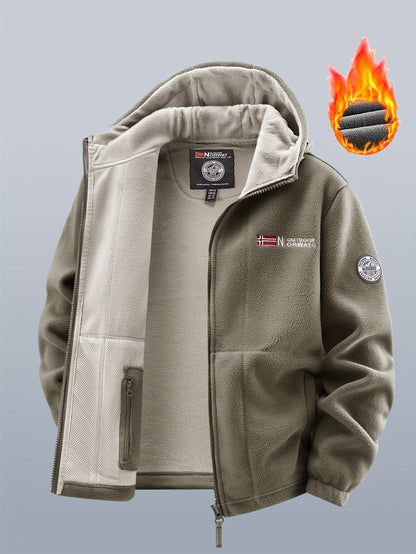 Chaqueta polar de exterior para hombre con capucha – Forro cálido, cierre de cremallera, bolsillo en el pecho