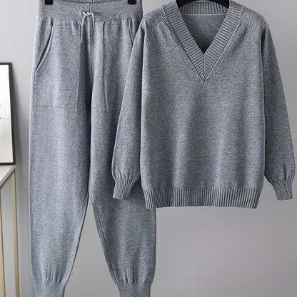Set da donna in maglia con pullover con scollo a V e pantaloni da jogging