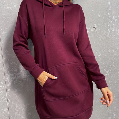 Damen Hoodie-Kleid Schwarz Langarm Kapuzenpullover Tunika Kängurutasche