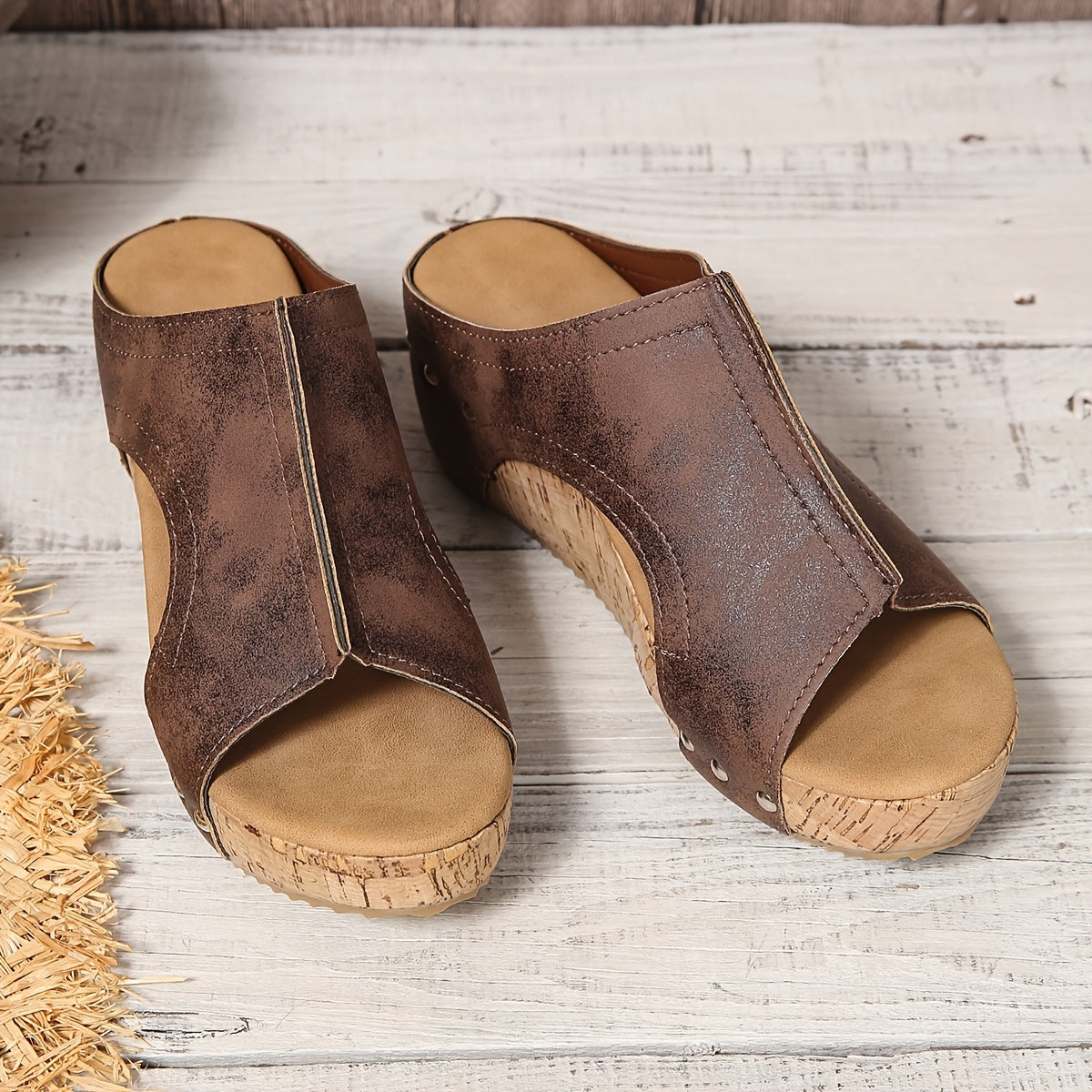 Damen Vintage Plateau-Sandalen mit Keilabsatz und offenem Zehenbereich – Sommer Slip-On Schuhe