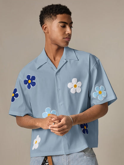 Herre kortermet fritidsskjorte med blomsterapplikasjoner – Moderne camp-krage design for hverdag og sommer