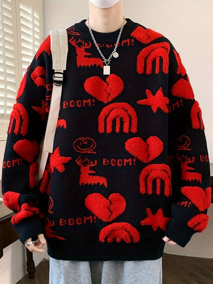 Unisex Strickpullover Rundhals mit Muster (Hirsch, Herz, Regenbogen)
