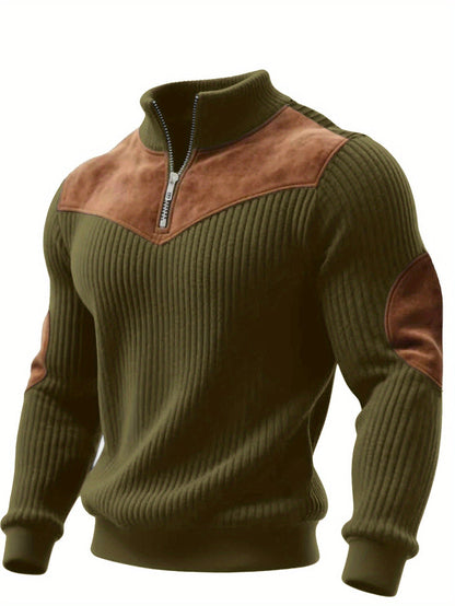 Herren Rippstrick Pullover mit Reißverschluss Stehkragen und Patches