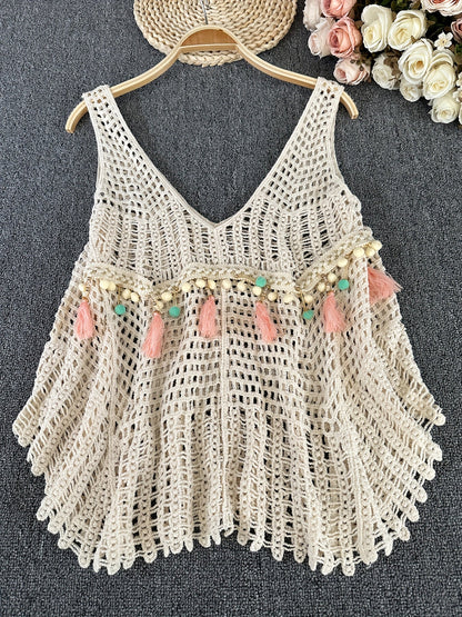 Dam Boho virkad topp med tofsar och pärlor – sommarfestivalstopp, avslappnad stil