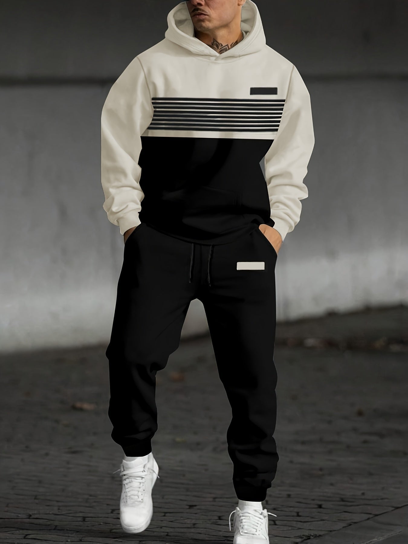 Herren Zweiteiler Trainingsanzug Hoodie & Jogginghose mit Streifenmuster