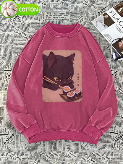 Felpa unisex con stampa di gatti e sushi, pullover girocollo dall’aspetto vintage