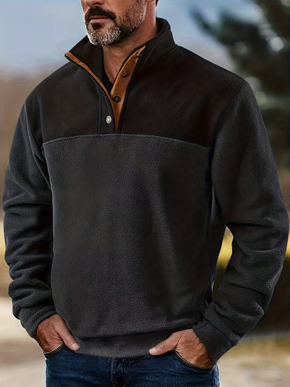 Fleece-pullover til herrer med ståkrave og trykknapper, tofarvet i grøn og sort