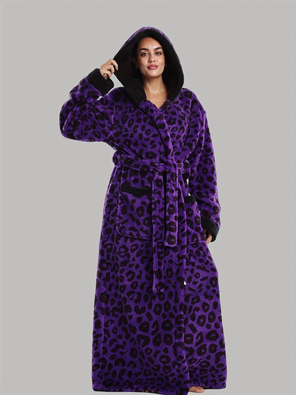 Lang badekåbe til kvinder med hætte og leopardmønster
