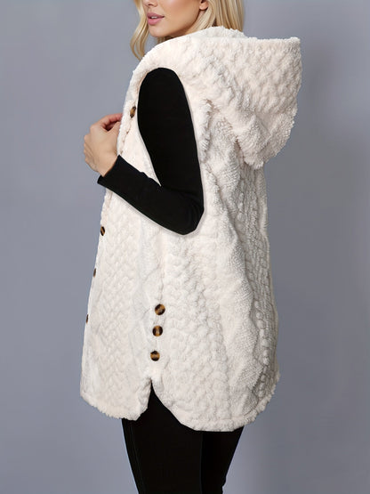 Gilet da donna con cappuccio in pile teddy e bottoni, bianco