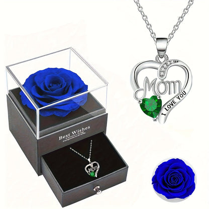 Damen Schmuckset Herz Halskette mit Anhänger 'Mom I Love You' und Geschenkbox mit Ewiger Rose – Elegantes Muttertagsgeschenk