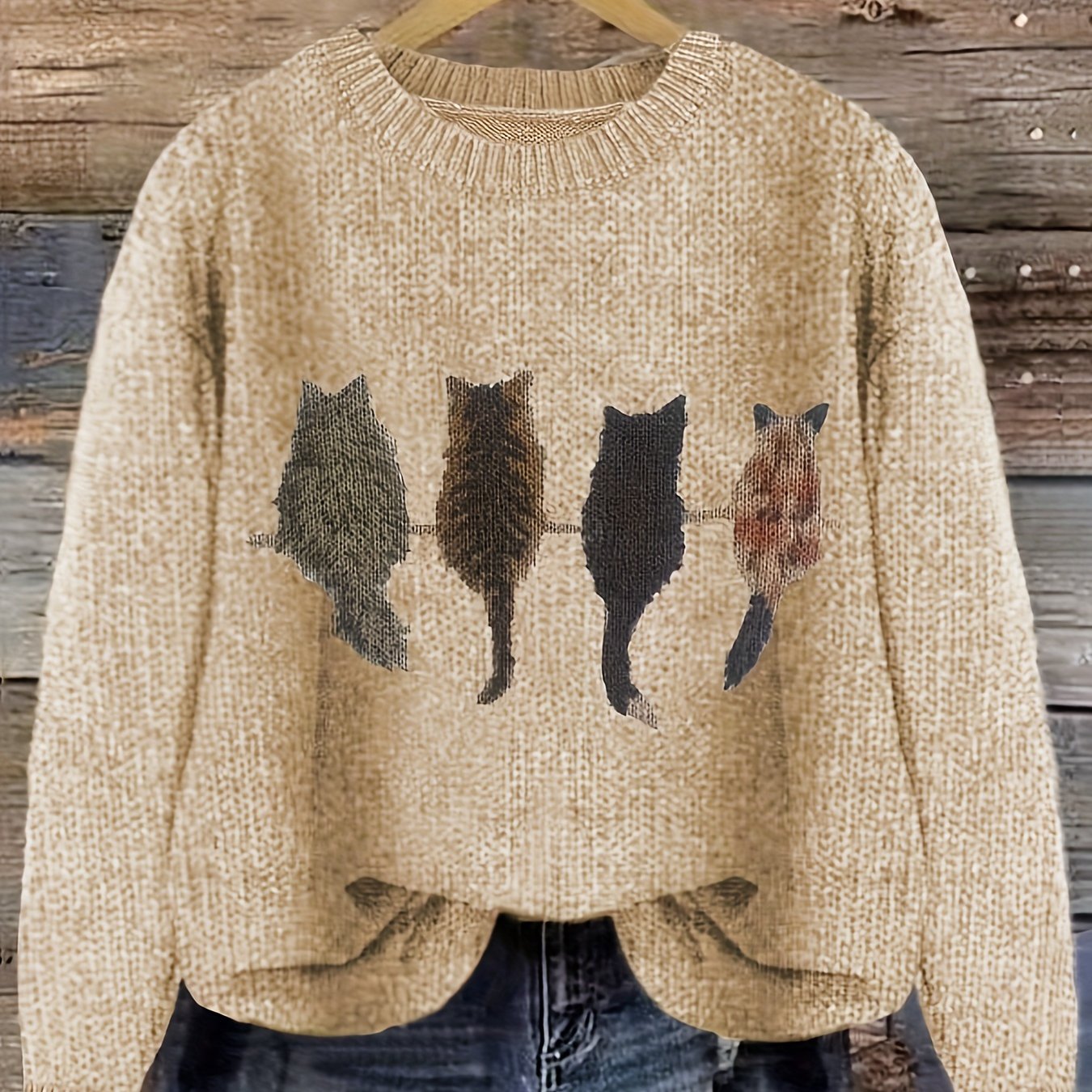 Damen Strickpullover mit Rundhalsausschnitt und Katzen-Print