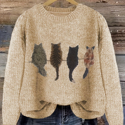 Damen Strickpullover mit Rundhalsausschnitt und Katzen-Print