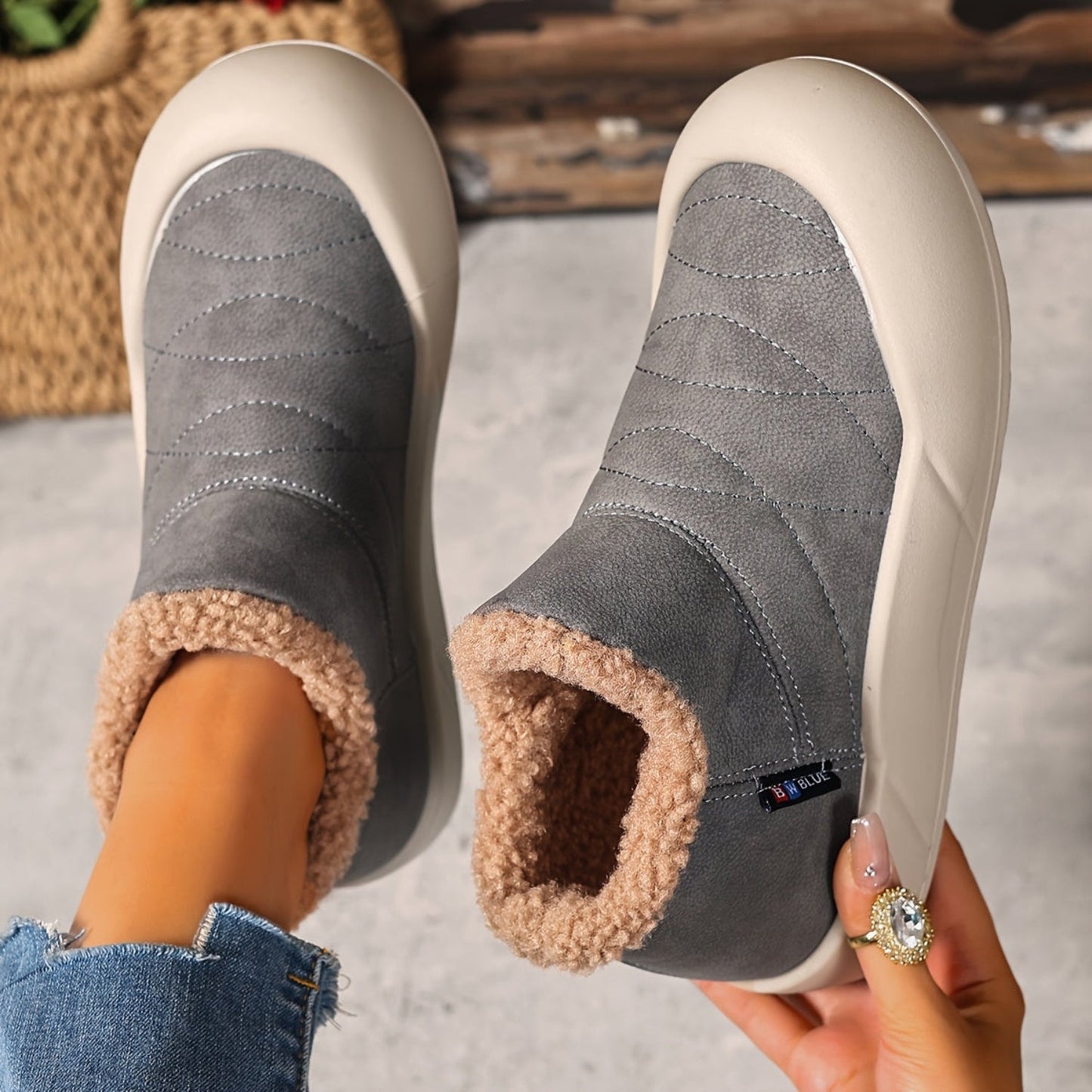 Gefütterte Stiefeletten Damen Winterstiefel Warm Komfortabel mit Profilsohle Grau