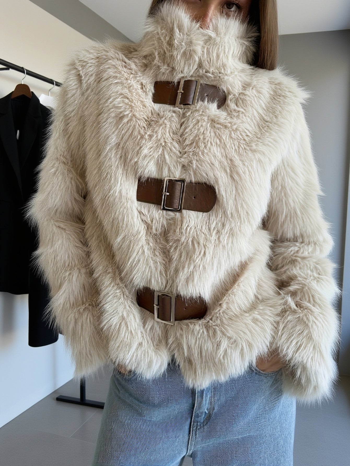 Giacca da donna in pelliccia sintetica beige con fibbie e collo alto