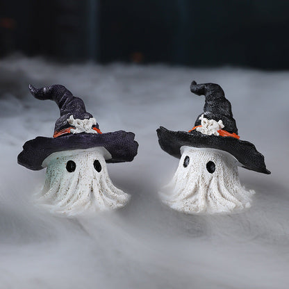 Figura Decorativa Fantasma con Cappello da Strega per Halloween – Incantevole Figura in Resina per Atmosfera Spaventosa di Halloween