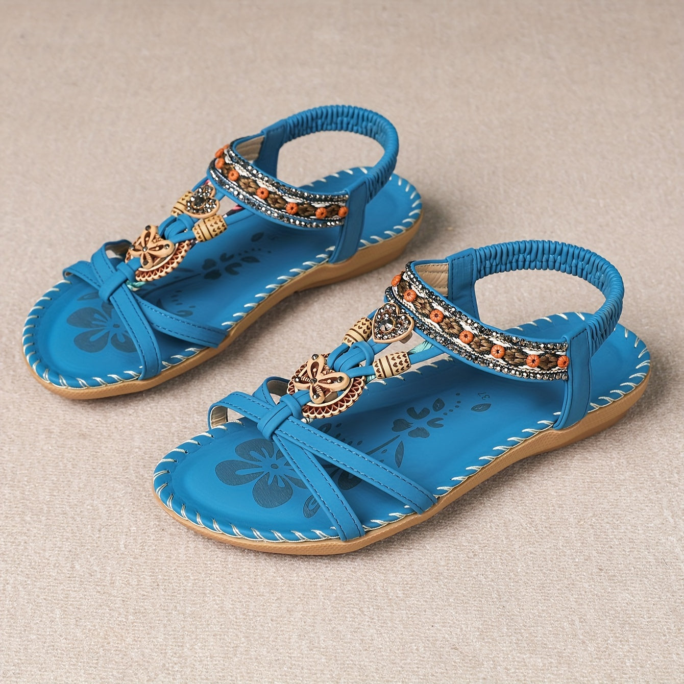 Sandalias bohemias para mujer con decoración étnica de perlas y plantilla cómoda – Tendencia de verano y ocio