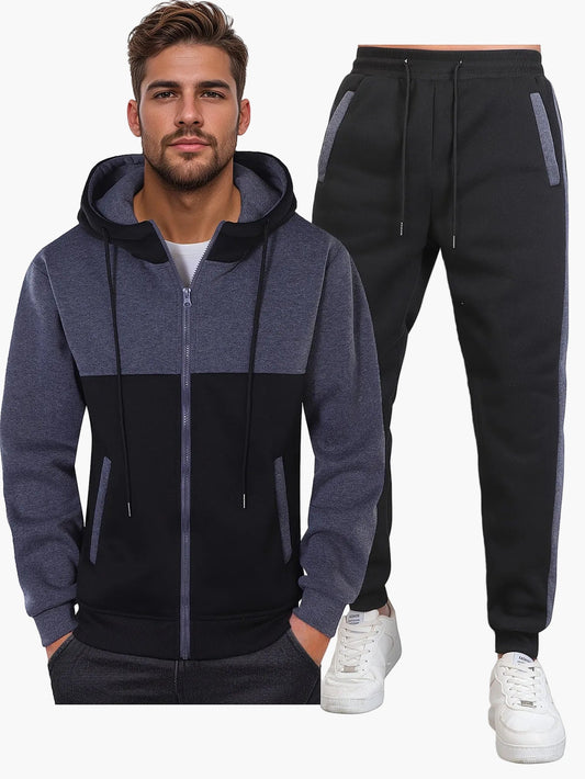 Herr Träningsset Set – Sportig Hoodie & Joggingbyxor i modern Patchwork-stil – Perfekt för Fitness & Fritid