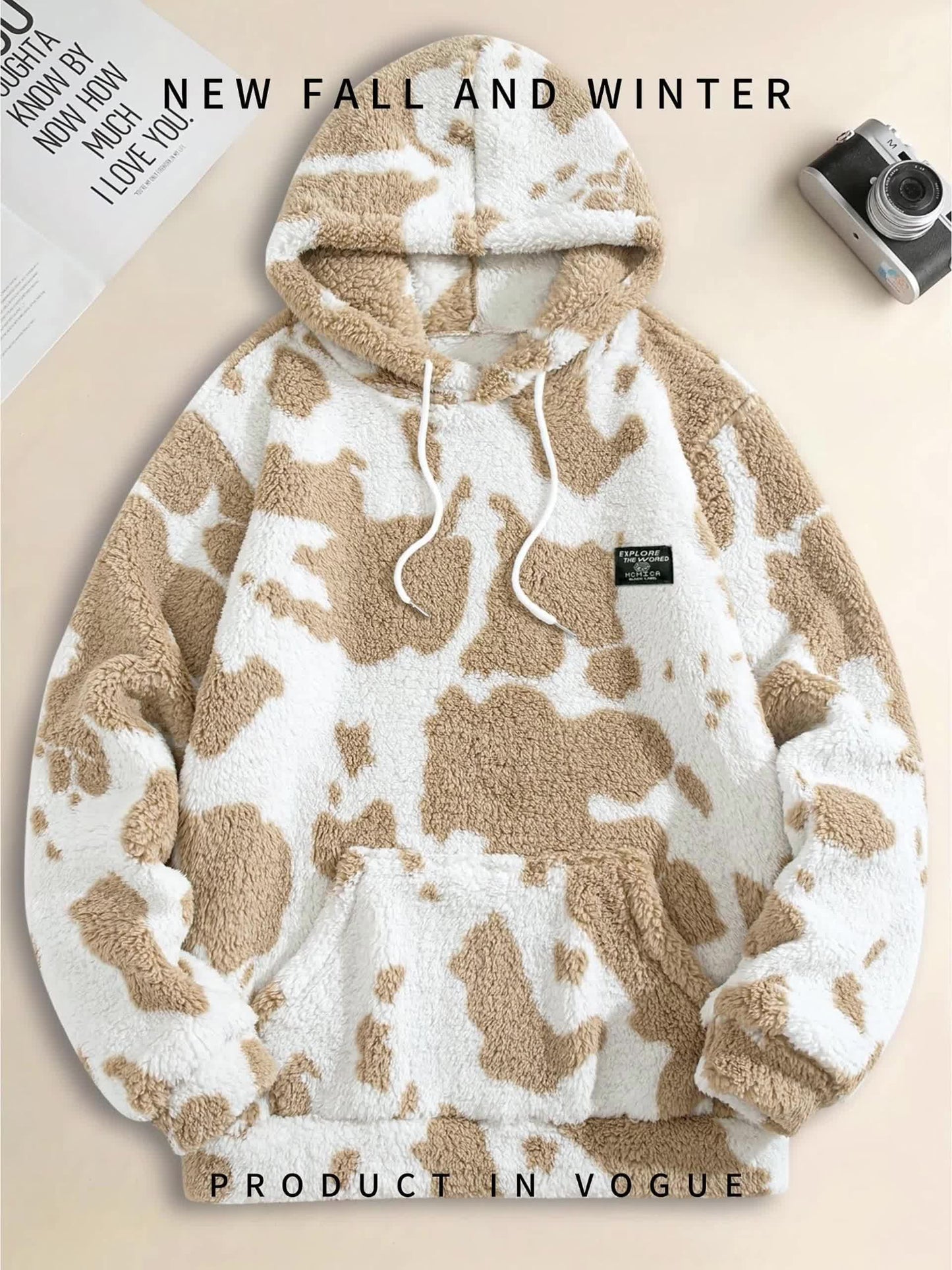 Unisex Teddy Fleece Hoodie mit Kapuze und Kuhfleckenmuster
