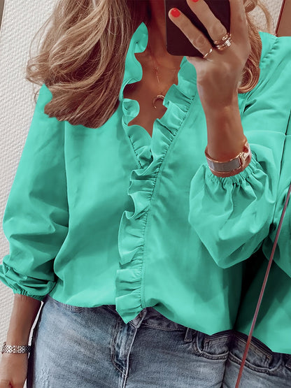 Blusa de mujer elegante con cuello volante y mangas largas – Camiseta de moda para el día a día y la oficina