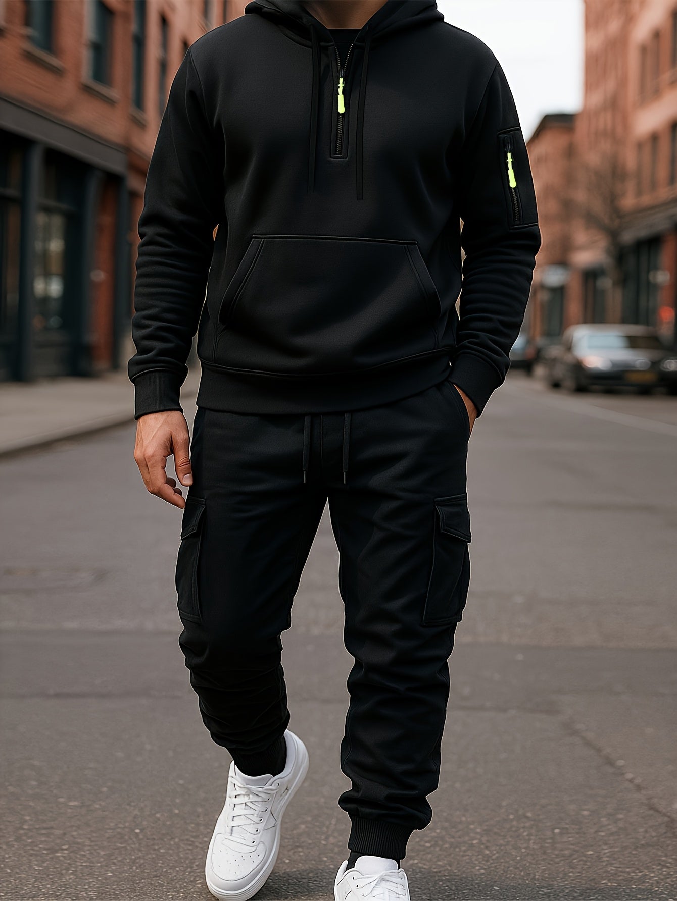 Herren Hoodie & Cargo Jogginghose Set – Loungewear Trainingsanzug mit Reißverschlusstaschen