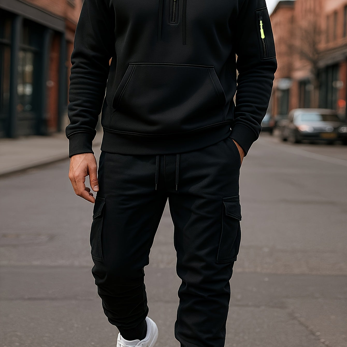 Herren Hoodie & Cargo Jogginghose Set – Loungewear Trainingsanzug mit Reißverschlusstaschen